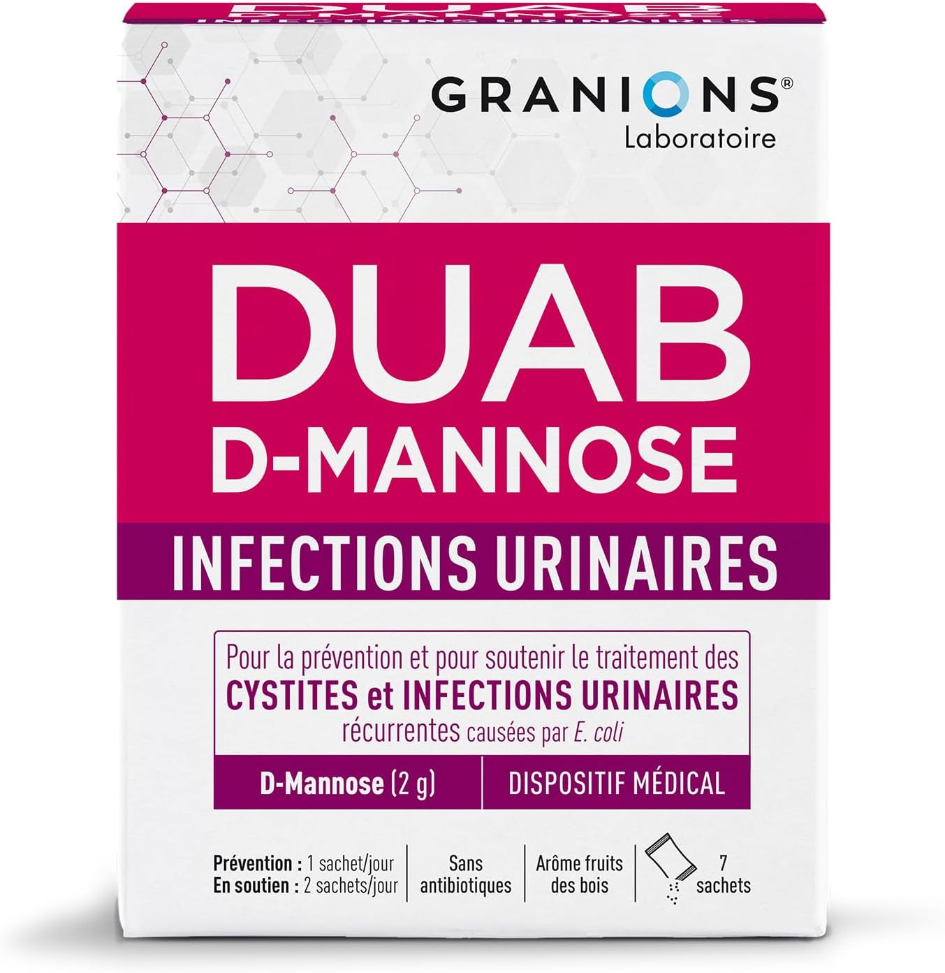 Duab D-Mannose GRANIONS - Dispositif médical - Traitement des cystites & infections urinaires chez la femme - En cas d'inconfort urinaire - Goût fruits des bois - 7 sachets Fruits des bois 26 g (Lot de 1)