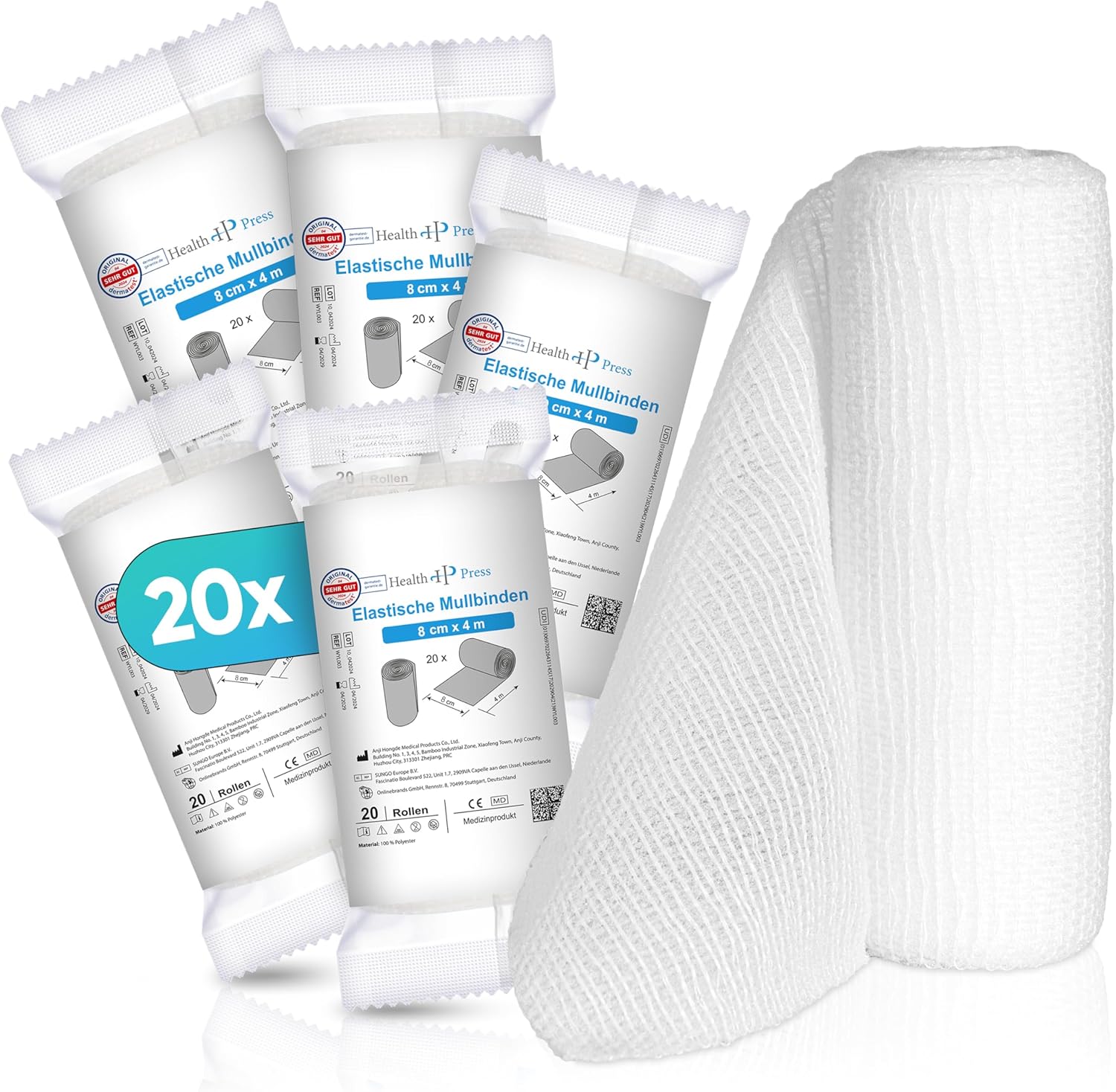 Health Press Bande de gaze -Bandage (8cm x 4m) 20 rouleaux -Bande élastique -Dispositif médical -Bande de fixation testée dermatologiquement -Bandage Idéal pour les premiers soins & le soin des plaies 8 cm x 4 m