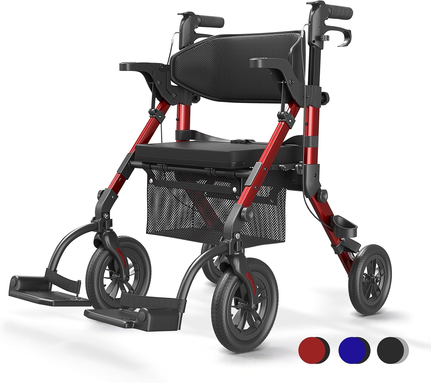 Déambulateur Fauteuil Roulant 2 en 1 pour personnes âgées,Chaise de transport Rollator en aluminium réglable en hauteur pour l'extérieur et les voyages,Rouge (Garantie 5 ans)