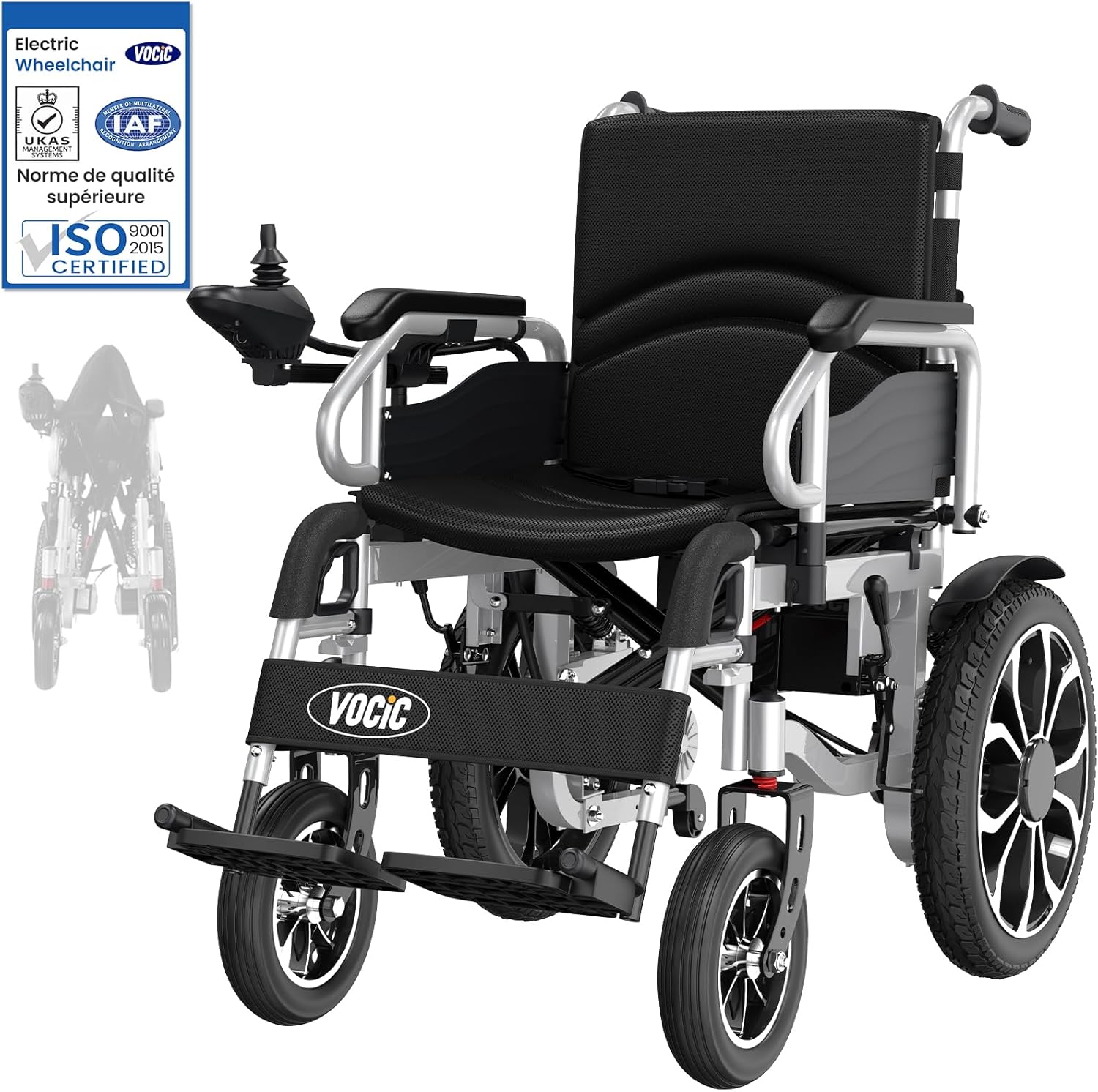 Fauteuil roulant electrique pliable leger pour 150KG,30KM fauteuil handicapés électrique Stable,Chaise roulante électrique avec 40CM pneus gonflables amortisseurs,Garantie 5 ans-Argenté