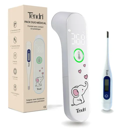 TENDRI Pack Duo – Thermomètre frontal Bébé & Adulte - Sans Contact + Numérique Flexible (Rectal, Oral) - Rassure les Parents - Rapide, Précis - Fièvre - Certifié CE Médical (pack-tendri-rose)