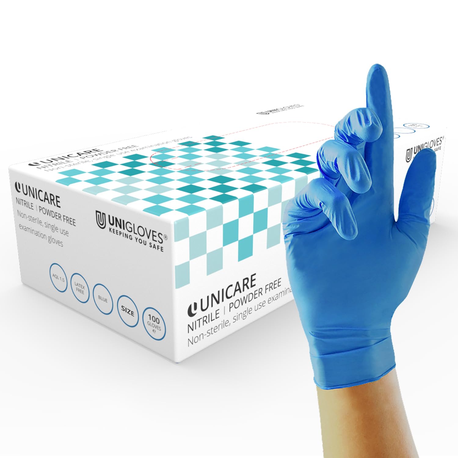 Unicare Gants d'examen en nitrile - Polyvalents, sans poudre, gants jetables de qualité médicale - Boîte de 100 gants, bleu, taille M (GS0033) M (Lot de 100)