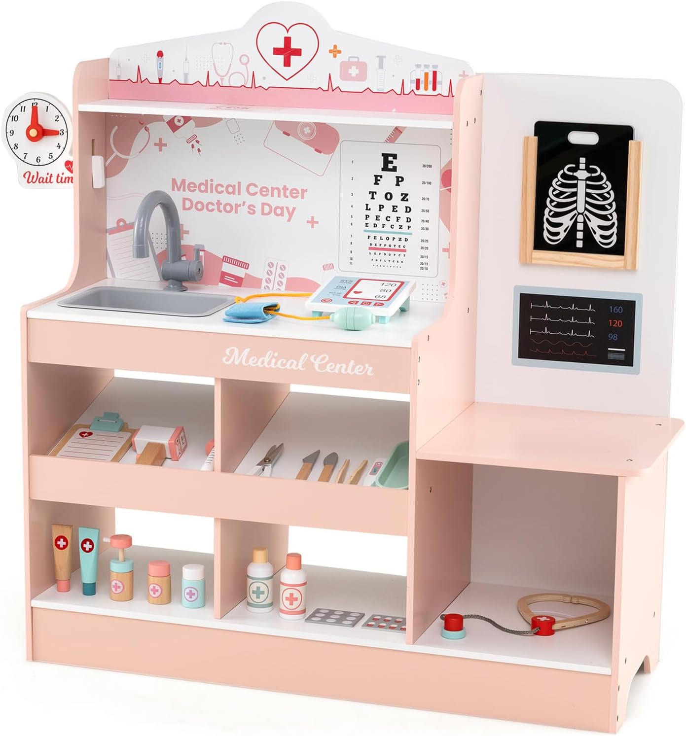 Centre Médical en Bois Enfants avec 24 Accessoires, Kit de Médecin Jouet avec Moniteur ECG Radiographies Tableau Optique Stéthoscope Tensiomètre, Étagère pour Garçons Filles 3+ Ans (Rose)