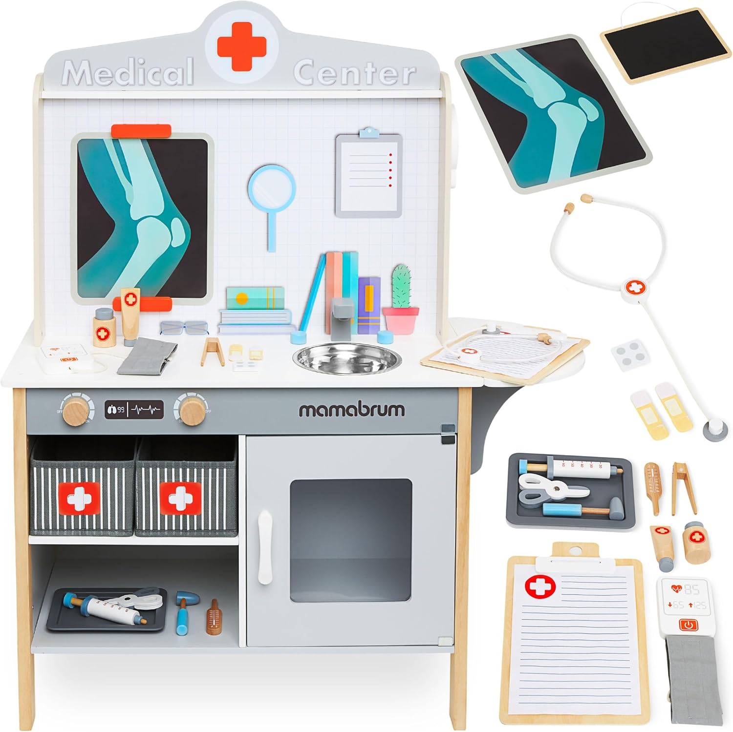 Armoire à Pharmacie en Bois XXL - Set Médical pour Enfants avec 20 Accessoires, Bureau de Réception, ÉTagères, Stéthoscope, Seringue - 83,5 x 30 x 100cm