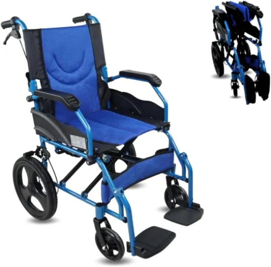 , Fauteuil roulant de transit, Mod pirámide, Aluminium, Pliable, Frein sur poignées, Pour personnes âgées, Repose-pieds, Accoudoirs, Léger, Siège 46 cm, Bleu