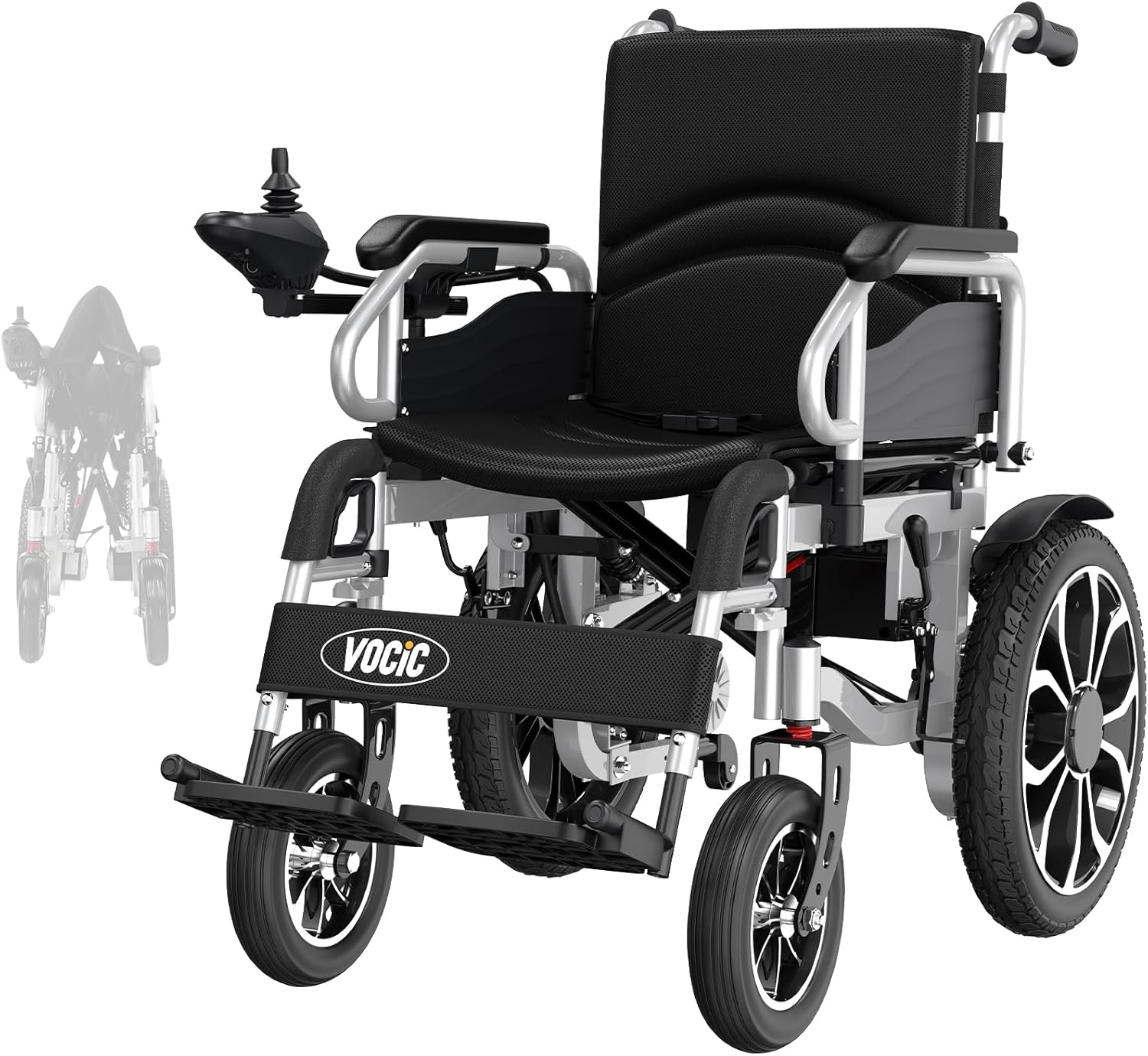 Fauteuil roulant electrique pliable leger pour 150KG,30KM fauteuil handicapés électrique Stable,Chaise roulante électrique avec 40CM pneus gonflables amortisseurs(argent)