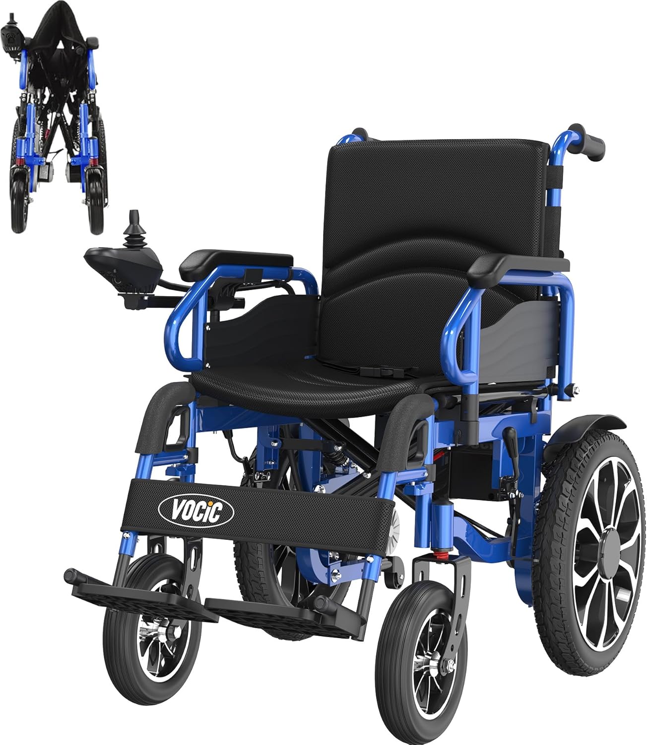Fauteuil roulant electrique pliable leger pour 150KG,30KM fauteuil handicapés électrique Stable,Chaise roulante électrique avec 40CM pneus gonflables amortisseurs,Garantie 5 ans-Bleu