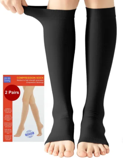 2 Paires Medicale Bas de Contention Femme et Homme 20-30mmhg Classe 2, Bout Ouvert Chaussettes de Contention pour Les varices, l'œdème, Vol de Voyage XXL 2x Noir