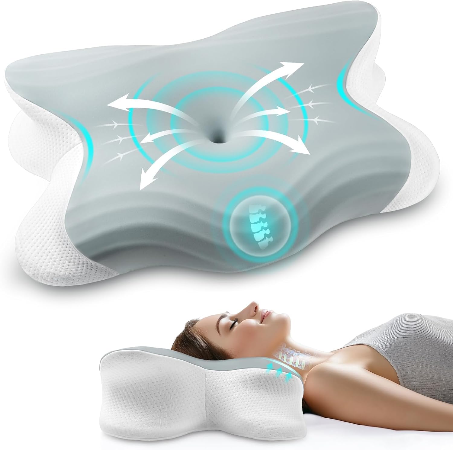 Oreiller Ergonomique Cervical à Mémoire de Forme, Coussin Orthopédique Oreiller Cervicales pour Les Dormeurs sur Le Côté, Le Dos et Le Ventre pour Améliorer la Qualité du Sommeil, 62x42x13cm (Gris)