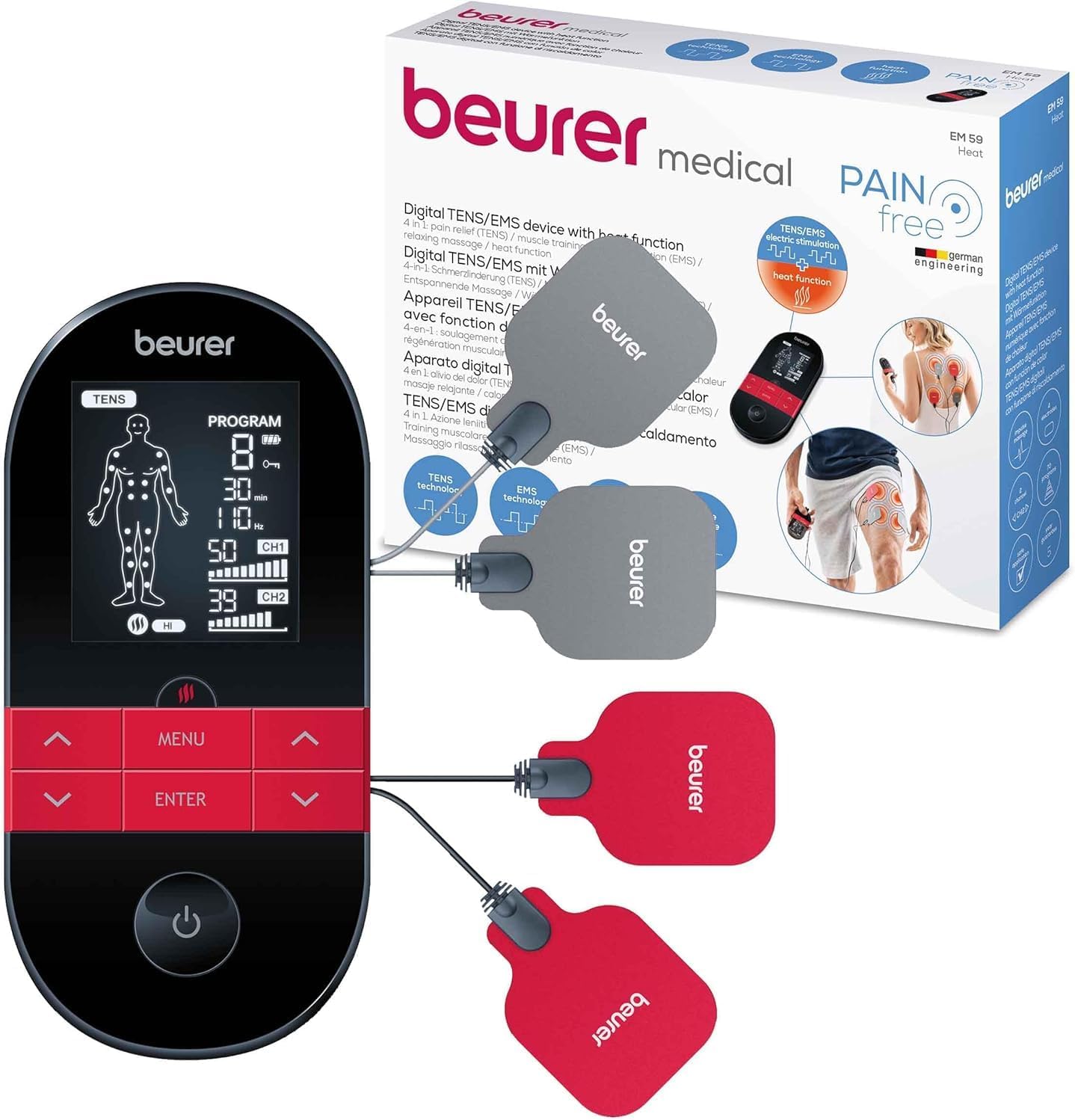 EM 59 Appareil numérique TENS/EMS, stimulation électrique 4-en-1 pour la thérapie de la douleur, la stimulation musculaire, le massage et la, Noir thermothérapie, avec 4 électrodes et batterie Appareil TENS/EMS à 4 électrodes + fonction chaleur