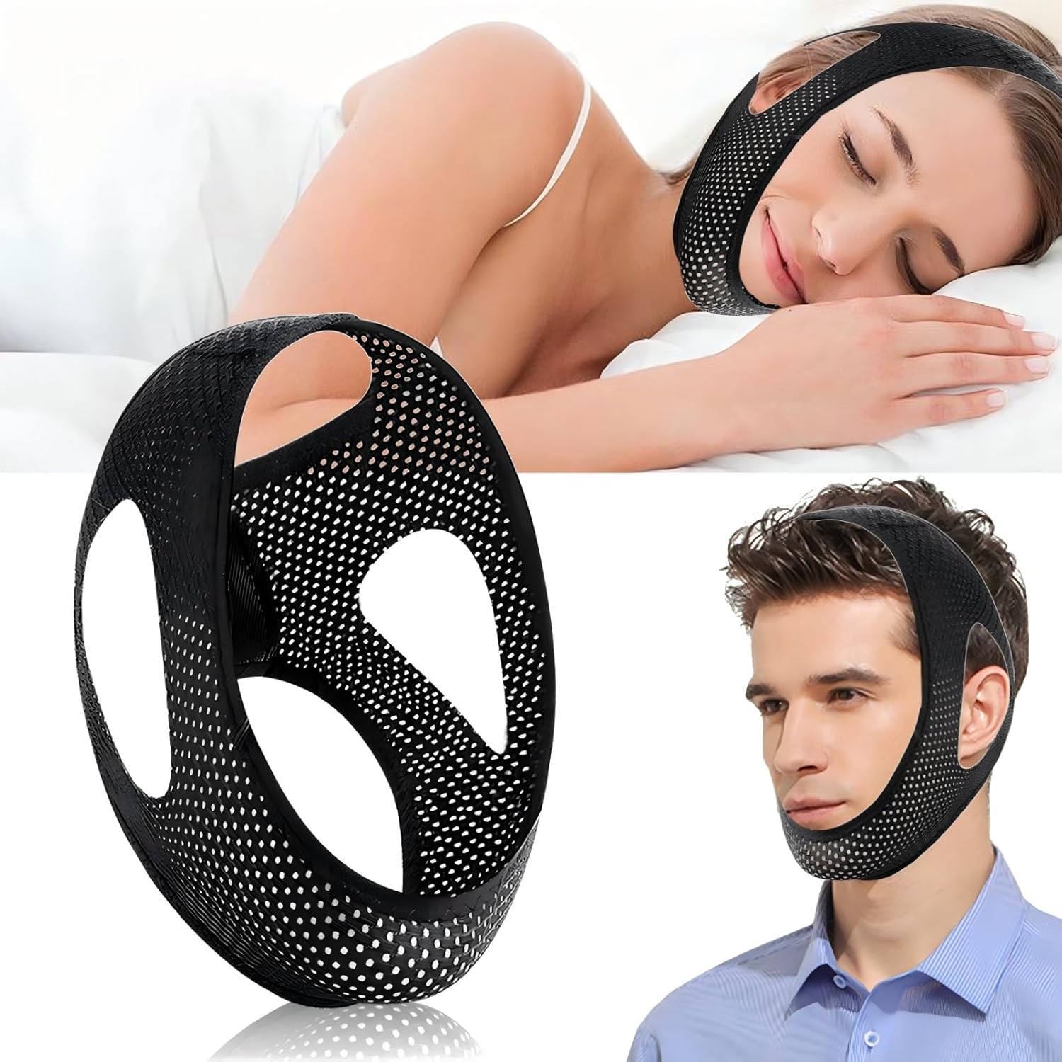 DOHUG Ensemble de Pièces Réglable Ceinture Mentonnière Anti-Ronflement,Anti-ronflement Mentonnière,Dispositifs Anti Ronflement,Solution Ronflements Réglable Mentonnière (Mince et léger 9)