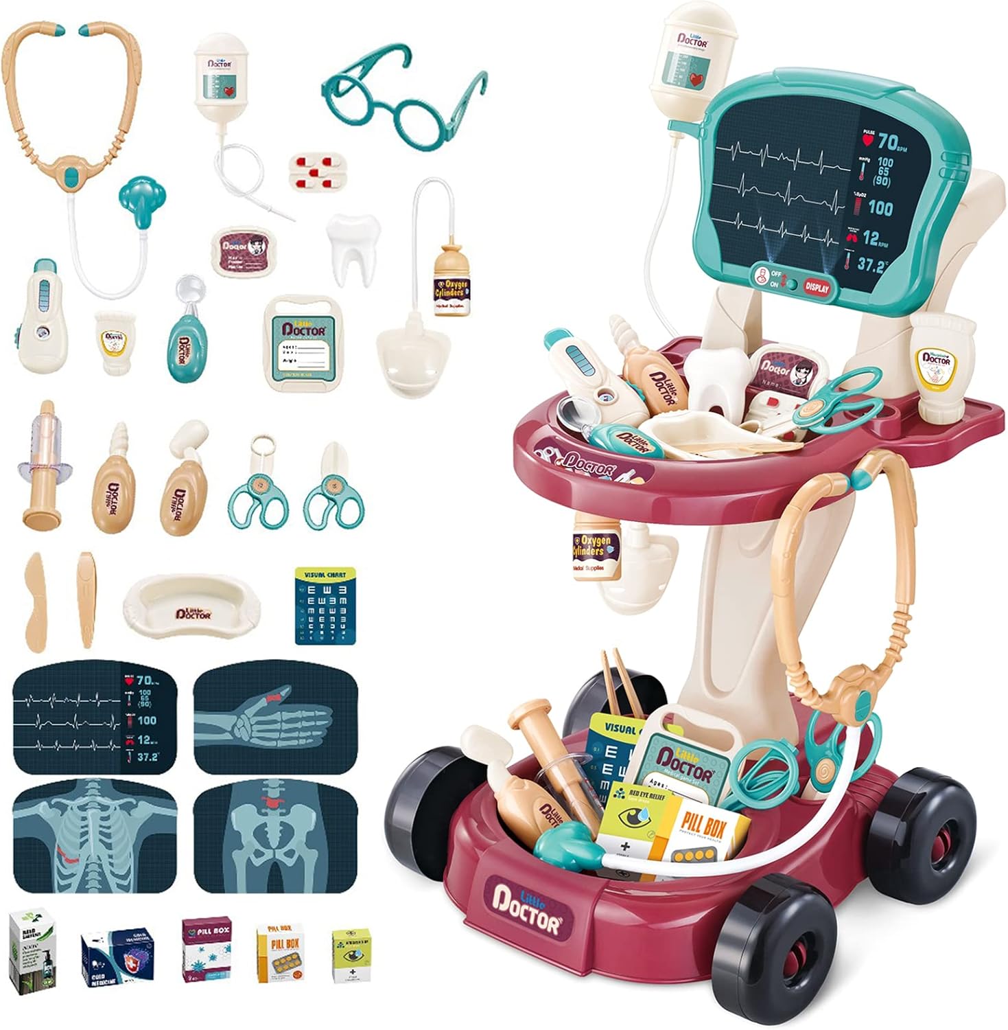 Petit Docteur Playset Centre, Médical Portatif sur Roues Jeux d'Imitation Comprend 29PCS Accessoires, Doctor Kit pour Enfants Pretend Medical Station avec Lumières et Son Edition 2