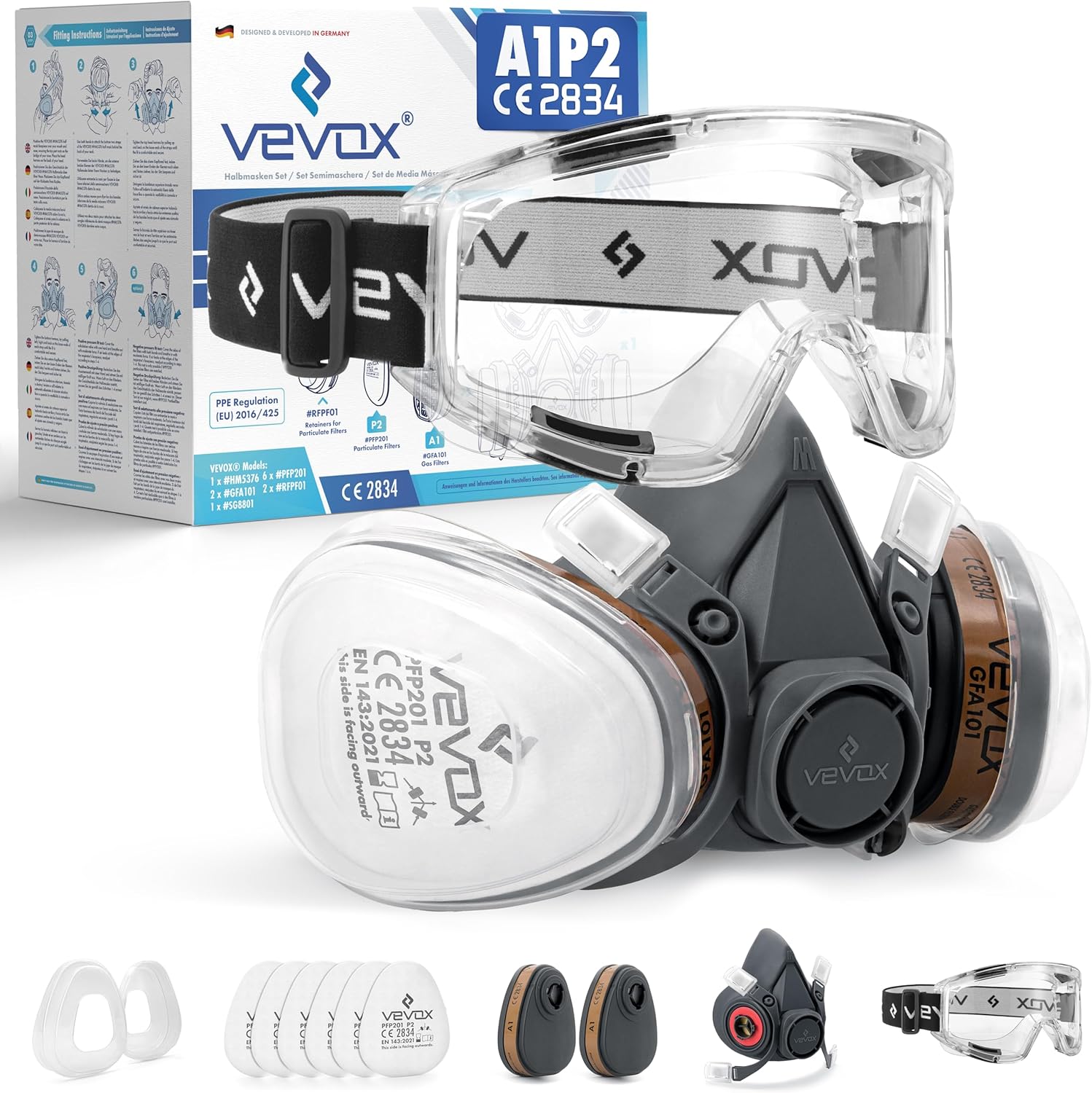 VEVOX® Masque respiratoire avec filtre A1P2 – Protection contre gaz, vapeurs et particules fines de poussière – Pour peinture, ponçagee et travaux – Avec 6 filtres P2 antiparticules et 2 A1 anti-gaz A1p2 Petit set