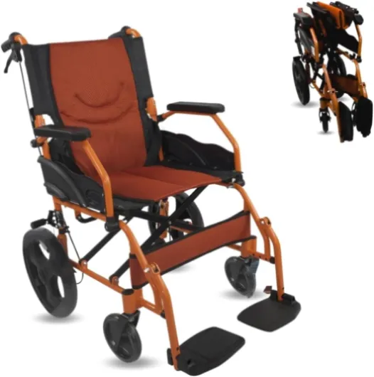 ®, Fauteuil roulant, Pliant, Léger, Siège 46 cm, Deux systèmes de freinage, Dossier, Aluminium, Repose-pieds pliants, Modèle pirámide, Petites roues, Accoudoirs fixes Orange