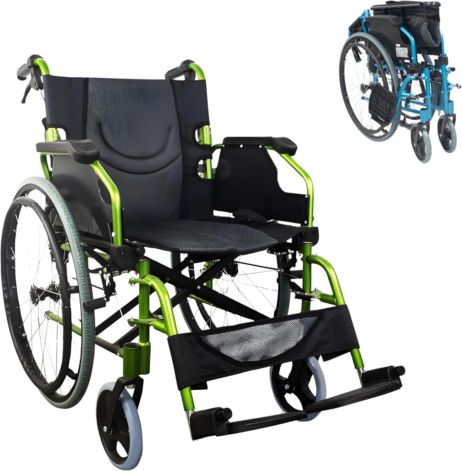 ®, Bolonia, Fauteuil roulant, Pliable et léger, Aluminium, Dossier divisible, Repose-pieds amovible, Pliables, Accoudoirs pliants, Pour adultes, Vert