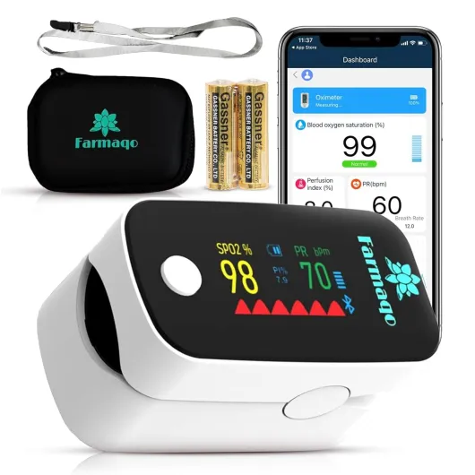 Oxymetre de doigt et Saturometre professionnel et médical FARMAQO (précision clinique, Saturometre de pouls, Ecran OLED, oxygene, pouls, SPO2, BPM, frequence cardiaque, application et bluetooth)