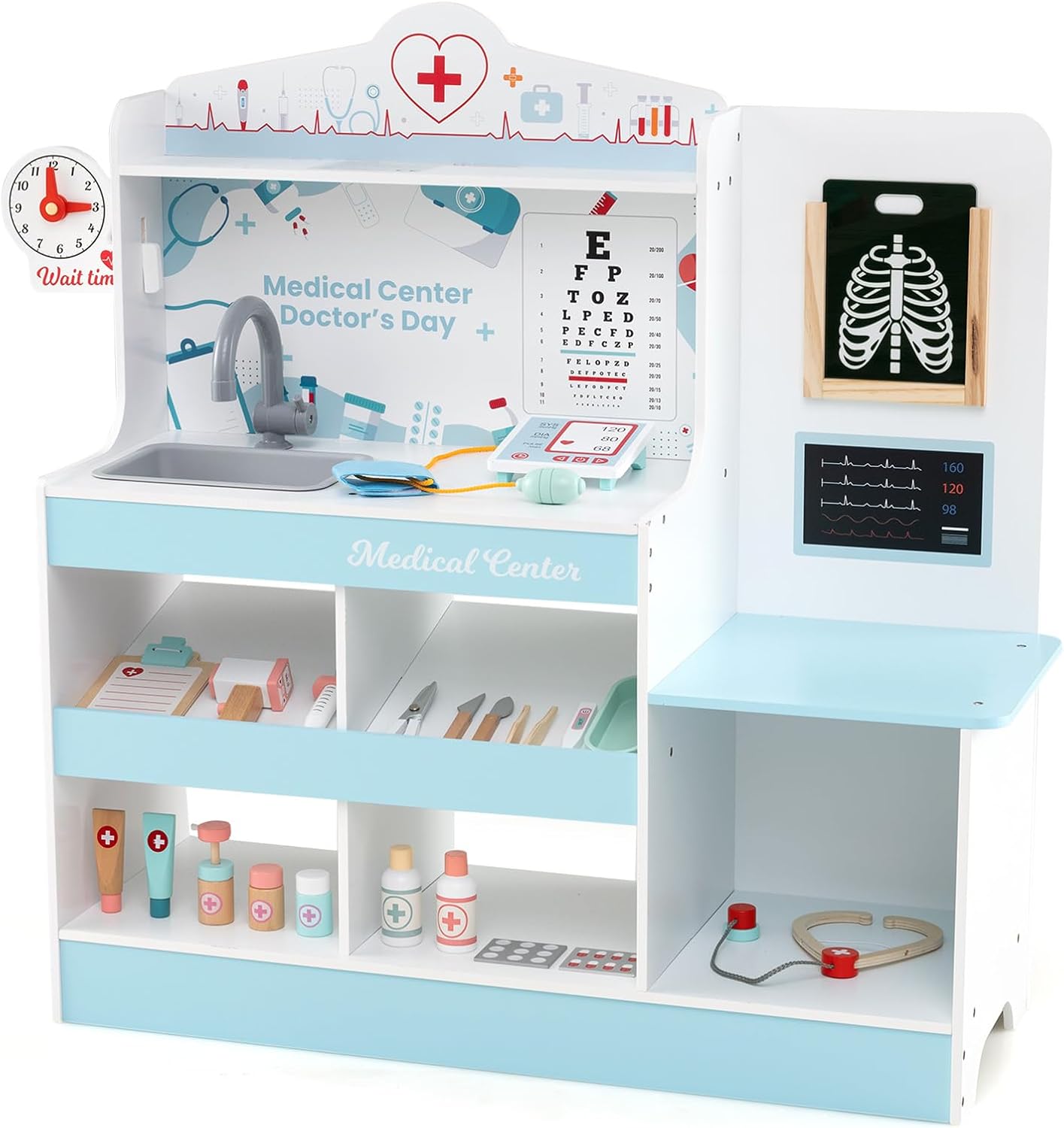 Centre Médical en Bois Enfants avec 24 Accessoires, Kit de Médecin Jouet avec Moniteur ECG Radiographies Tableau Optique Stéthoscope Tensiomètre, Jeu de rôle pour Garçons Filles 3+ Ans (Bleu)