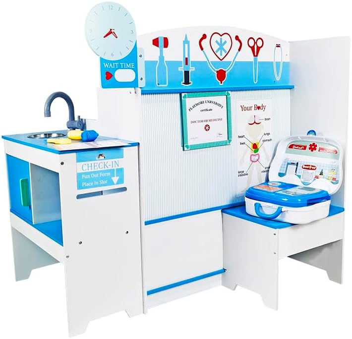 Cabinet médical en Bois Siper - Bleu -Jeu de Docteur pour Enfant, Jouet en Bois pour garçon en Fille, Centre de medecin 3 en 1 pour Enfant avec malette avec Accessoires