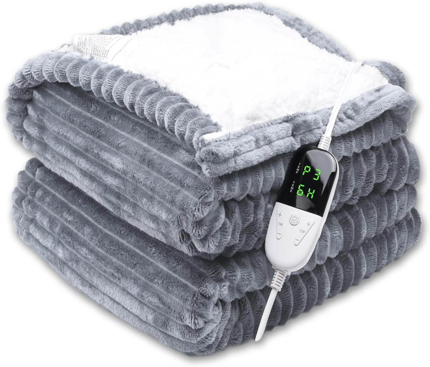 ITSHINY Couverture Chauffante 180x135cm avec Contrôle Digital 6 Niveaux, Minuterie 1-10h, Arrêt Automatique et Protection Surchauffe, Flanelle Douce Lavable en Machine Gris