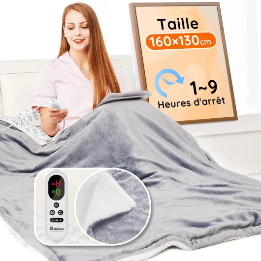 Couverture électrique chauffante, avec arrêt Automatique, 10 Niveaux de Chauffage Jusqu’à 9 Heures, Protection Contre la surchauffe, certifiée ETL, pour lit, en Flanelle, Chauffage Rapide Confort Gris