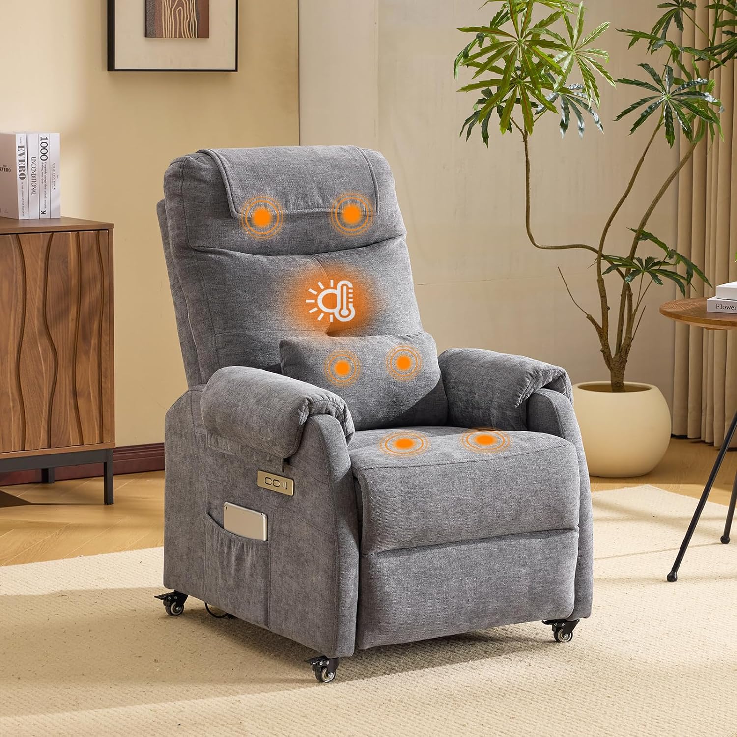 Bonnlo Fauteuil Massant, Fauteuil de Relaxation avec 6 Points de Massage et Chauffage, Dossier et Repose-Pieds Réglable Automatiquement, Équipé d'un Appui-tête et Un Coussin, Gris Foncé, Tissu Gris Foncé Tissu