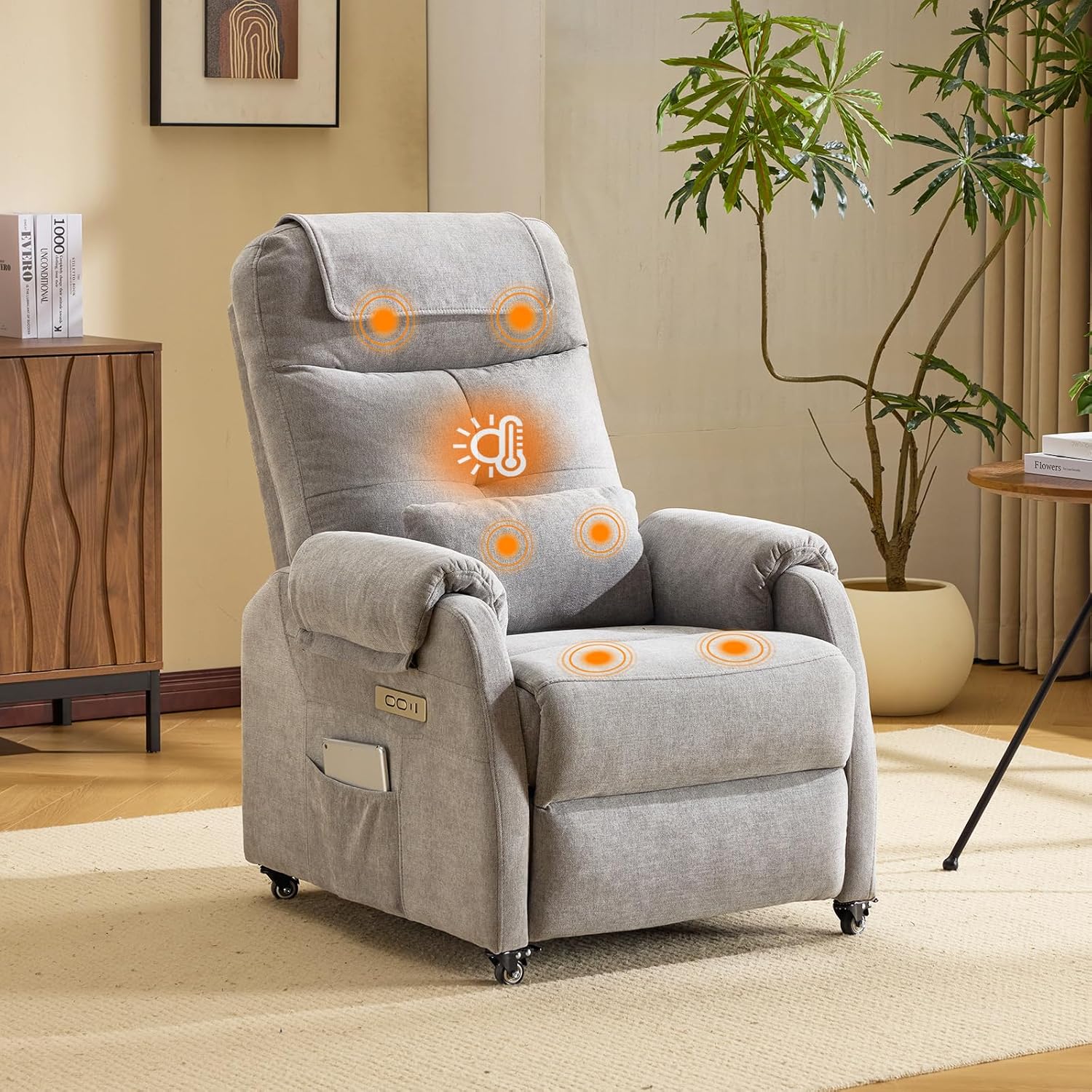 Bonnlo Fauteuil Massant, Fauteuil de Relaxation avec 6 Points de Massage et Chauffage, Dossier et Repose-Pieds Réglable Automatiquement, Équipé d'un Appui-tête et Un Coussin, Gris Clair, Tissu Gris Clair Tissu