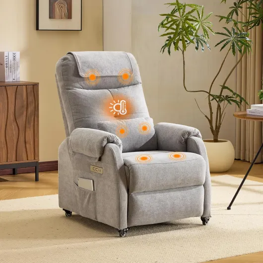 Bonnlo Fauteuil Massant, Fauteuil de Relaxation avec 6 Points de Massage et Chauffage, Dossier et Repose-Pieds Réglable Automatiquement, Équipé d'un Appui-tête et Un Coussin, Gris Clair, Tissu Gris Clair Tissu