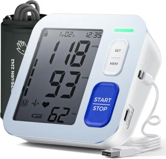 Tensiometre Bras, Tensiomètre Bras Professionnel avec écran LCD HD pour la Circonférence du bras 22-42 cm, peut Contenir 2 x 99 Utilisateurs, Câble de Charge de Batterie AA/Type-C