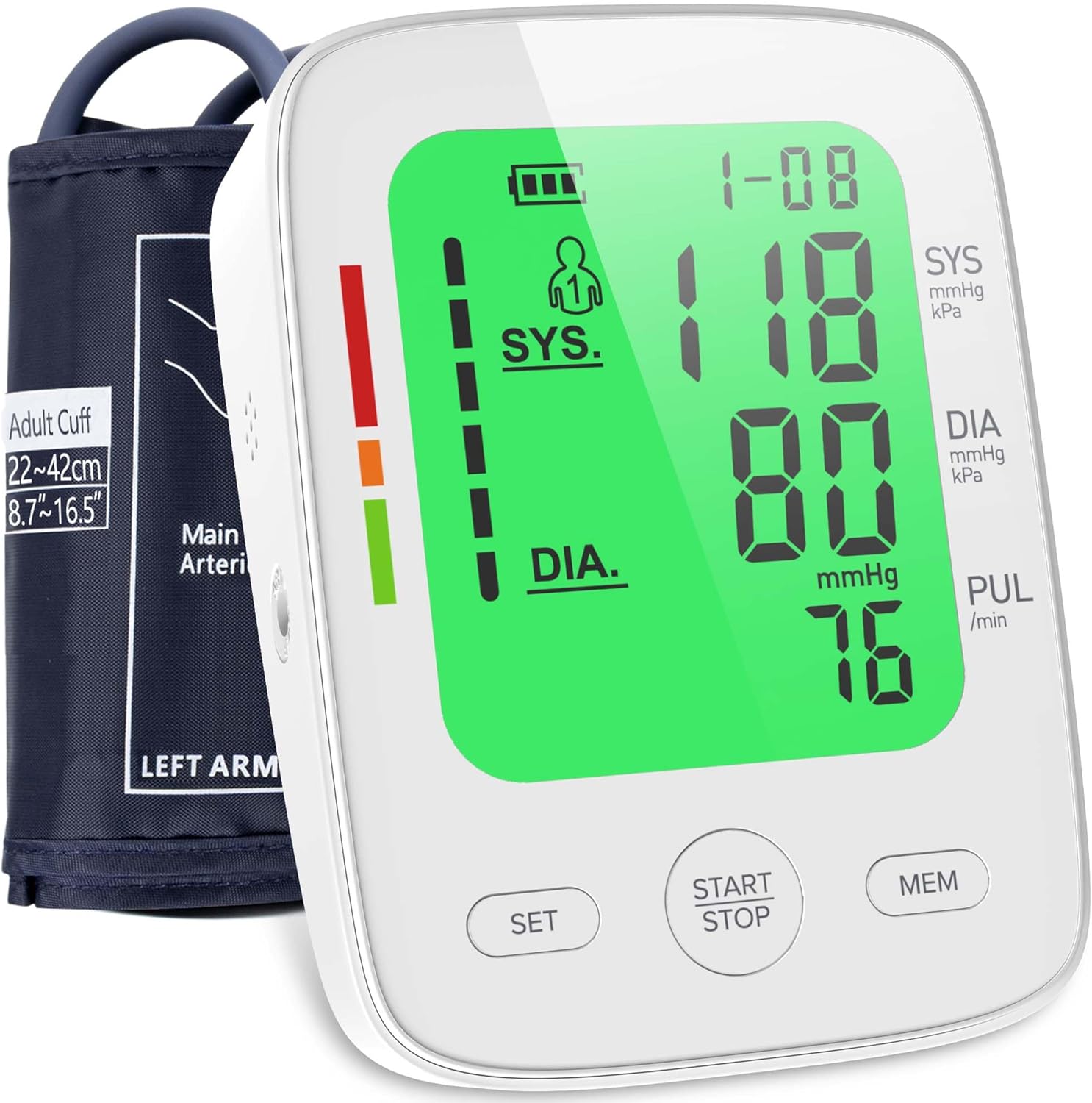 Tensiomètre Bras, Tensiometre Médical avec grand écran LCD à 3 couleurs, Moniteur Numérique à Cristaux Liquides Brassard ajustable (22-42 cm) - 2 * 99 Jeux de Mémoire - Moniteur de Fréquence Cardiaque Blanc