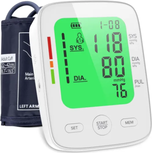 Tensiomètre Bras, Tensiometre Médical avec grand écran LCD à 3 couleurs, Moniteur Numérique à Cristaux Liquides Brassard ajustable (22-42 cm) - 2 * 99 Jeux de Mémoire - Moniteur de Fréquence Cardiaque Blanc