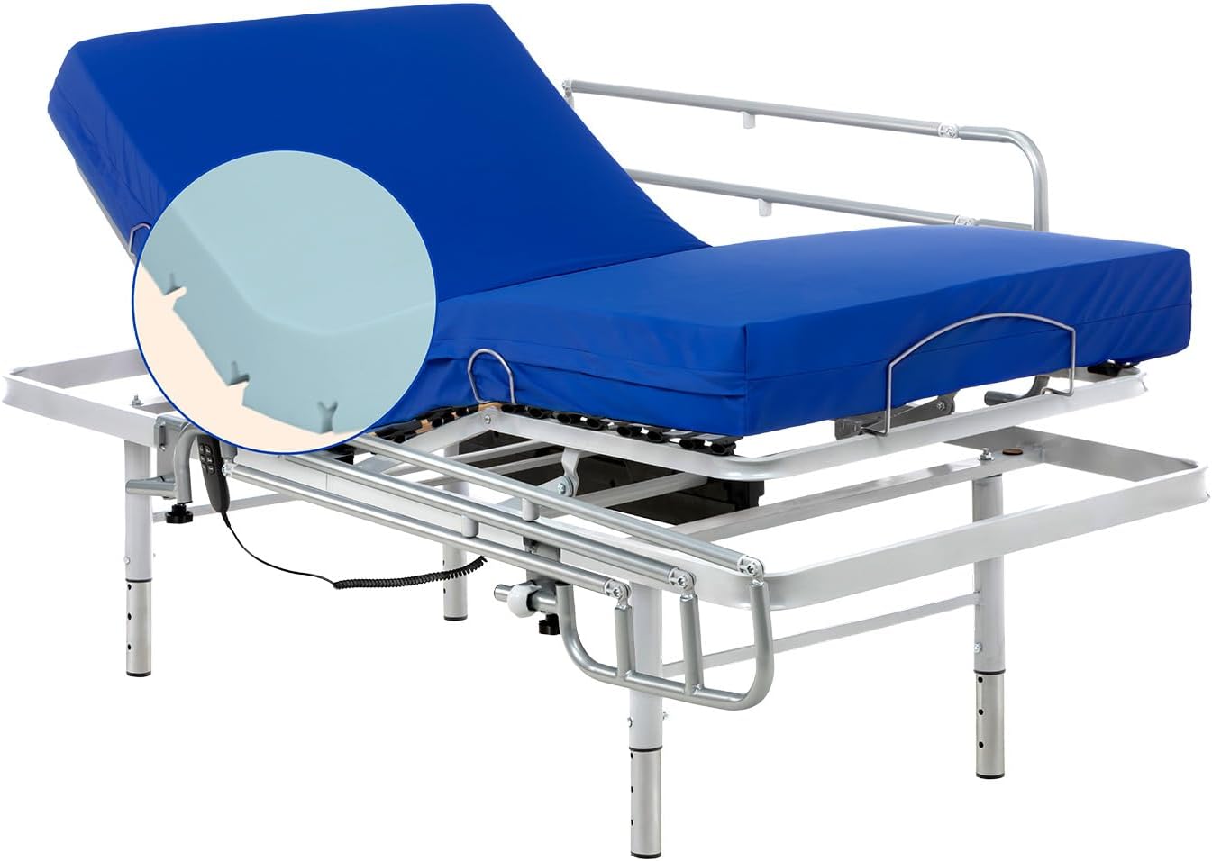 Lit électrique avec Pieds réglables renforcé avec Matelas sanitaire HR imperméable (80x200 cm + Barres de lit rabattables) Barres de Lit Rabattables 80x200 cm