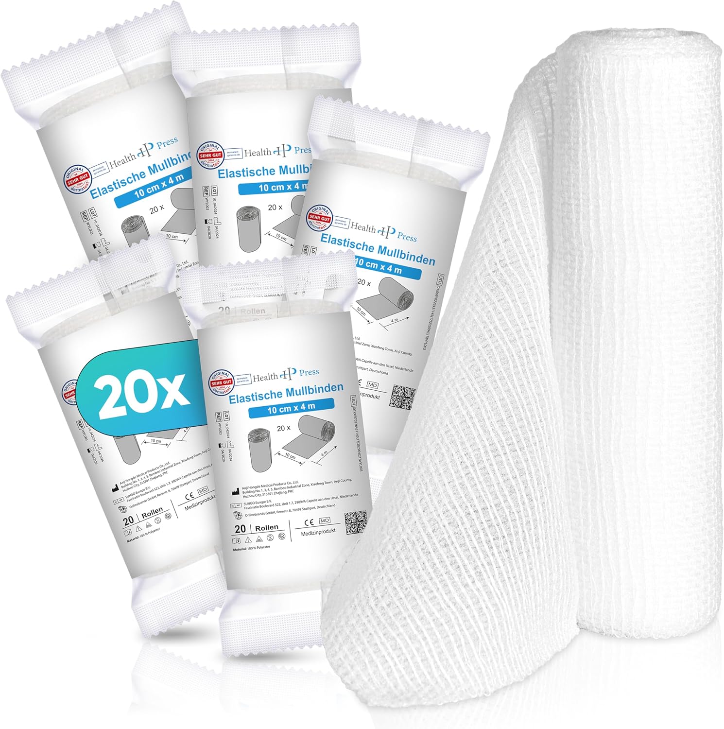Health Press Bande de gaze -Bandage (10cm x 4m)20 rouleaux -Bande élastique -Dispositif médical -Bande de fixation testée dermatologiquement -Bandage Idéal pour les premiers soins & le soin des plaies 10 cm x 4 m