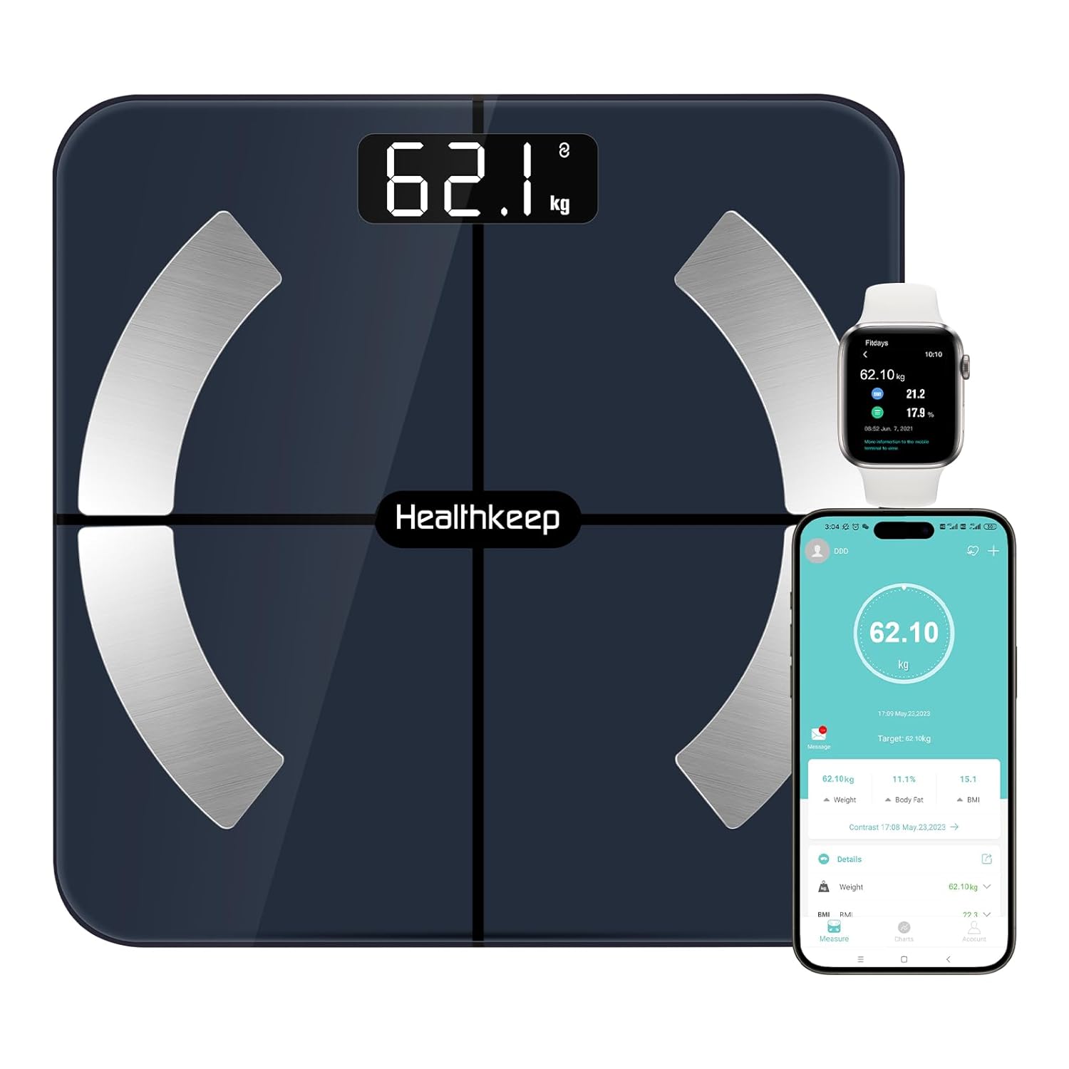 Pèse Personne Numériques, Balance Connectée Bluetooth Impédancemètre avec 13 Données Corporelles (BMI/Graisse Corporelle/Masse Osseuse/BMR/Muscle/Eau) pour APP Max 180kg Bleu260