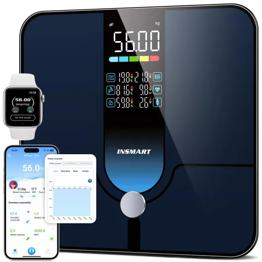Pese Personnes, Balance Pese Personne avec grand écran (7 données), Bluetooth Balance Connectée pour visualiser 18 données corporelles via l'App, Balance 30x30cm Charge maximale 227KG/500lb Bleu foncé