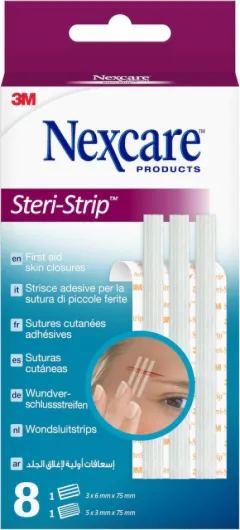 Nexcare Steri-Strip fermetures cutanées, tailles assorties, 8 pansements par pack, adaptés pour sécuriser et refermer les petites coupures et plaies, pour trousses de premiers soins Steri-Strip Unique