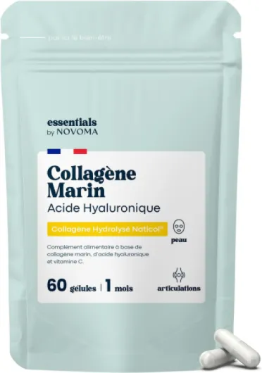 Collagène Marin + Acide Hyaluronique, Peau Hydratée et Articulations Fortes, Cure de 1 mois, 60 Gélules, Hydrolysé Type 1 Naticol®, Et Vitamine C, Made in France, Essentials by Novoma 60 unité (Lot de 1)