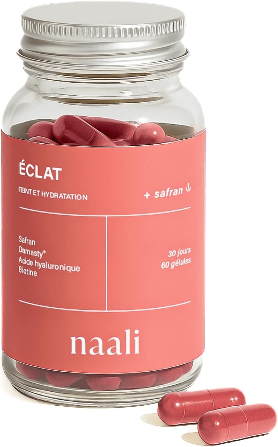 Eclat – Gélules Hydratation & Teint unifié – Safran, Damasty™, Acide Hyaluronique, Safran, Biotine – Éclat peau – Compléments alimentaires 2 en 1 – 60 Gélules – Dosage Clinique – Cure 1 Mois