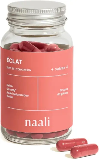 Eclat – Gélules Hydratation & Teint unifié – Safran, Damasty™, Acide Hyaluronique, Safran, Biotine – Éclat peau – Compléments alimentaires 2 en 1 – 60 Gélules – Dosage Clinique – Cure 1 Mois