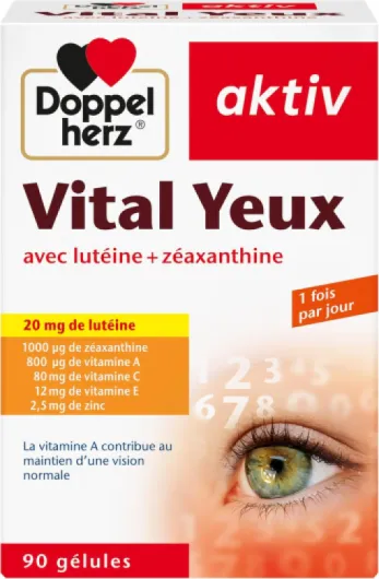 , Vital Yeux, Complément alimentaire vision et santé des yeux, Lutéine & Zéaxanthine + Vitamines et Zinc, Pour le maintien d'une vision normale, 90 capsules Rouge-marron 90 unité (Lot de 1)