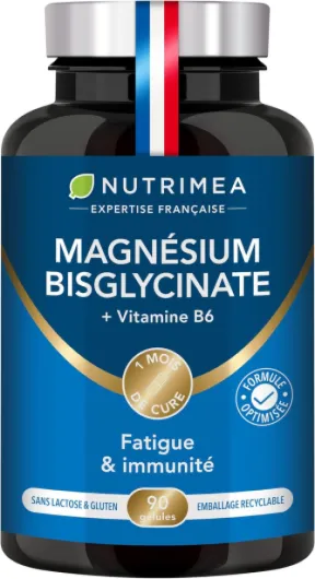 Magnésium Bisglycinate + Vitamine B6 - Sommeil, Stress, Fatigue - Absorption Maximale & Assimilation Facilitée - 90 Gélules Vegan - Nutrimea - Fabriqué en France Magnésium Bisglycinate Pilulier