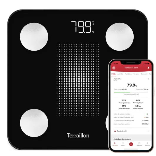 WEIGHT CONNECT - Balance connectée Bluetooth, Analyse des masses graisseuse, musculaire, hydrique et osseuse, IMC, Capacité 180 kg, Graduation 50g, Ecran LED, Plateau verre, Sérigraphié