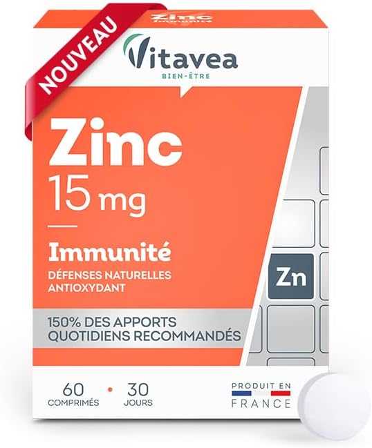 Vitavea - Zinc - Haut dosage 15 mg - Complément alimentaire immunité - Système immunitaire, défenses naturelles et antioxydant - Zinc biodisponible - 60 comprimés - Cure 1 mois - Fabriqué en France Sans saveur 60 unité (Lot de 1)