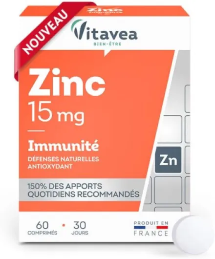 Vitavea - Zinc - Haut dosage 15 mg - Complément alimentaire immunité - Système immunitaire, défenses naturelles et antioxydant - Zinc biodisponible - 60 comprimés - Cure 1 mois - Fabriqué en France Sans saveur 60 unité (Lot de 1)