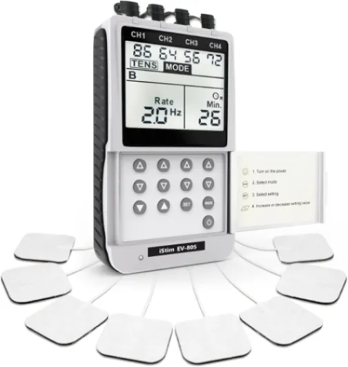 IStim EV-805 Électrostimulateur TENS & EMS – Appareil Digital 4 Canaux avec 16 Électrodes Réutilisables pour Douleur, Rééducation Musculaire et Thérapie Physique