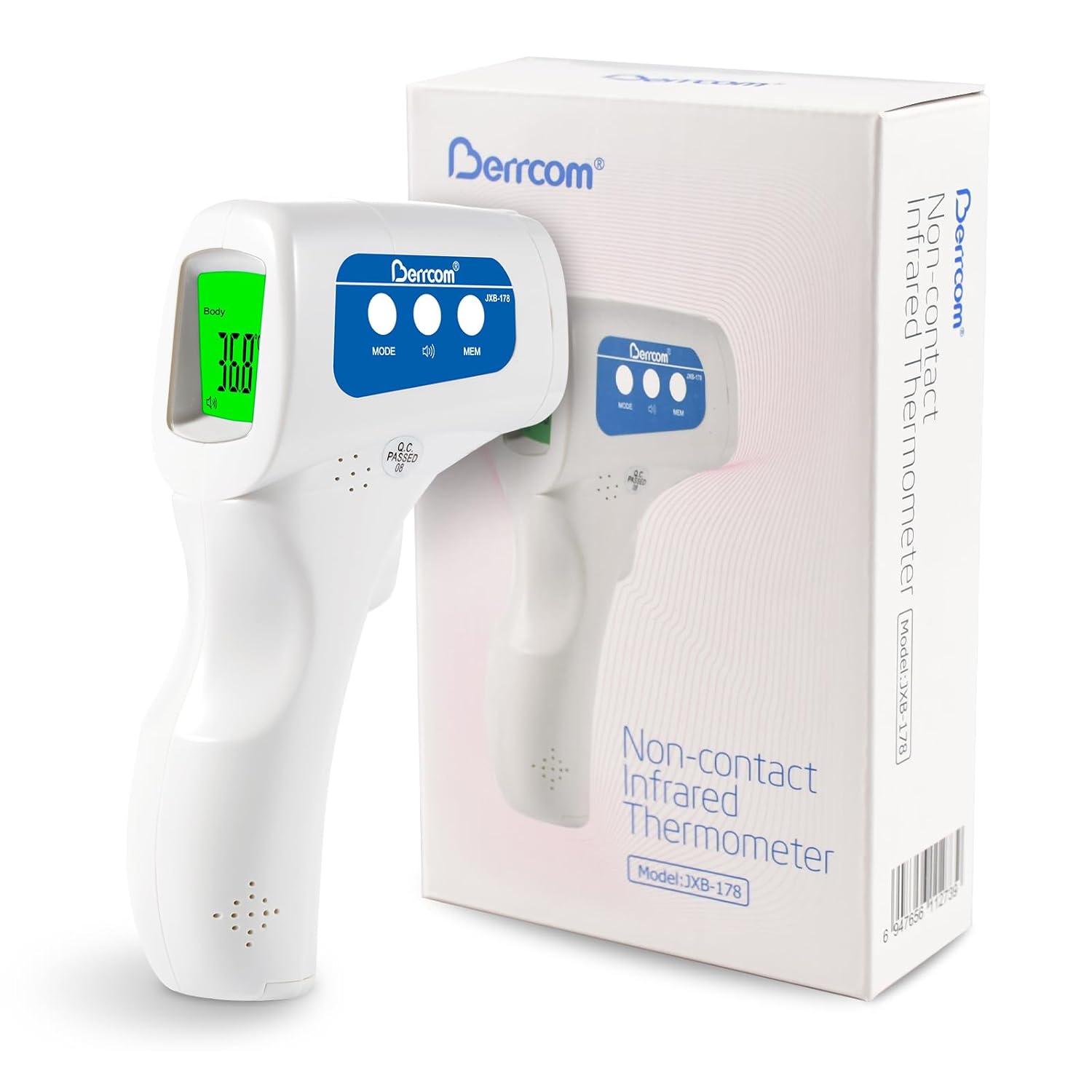 Thermomètre Frontal Adulte et Bébé, Berrcom Thermomètre Médical Infrarouge sans Contac avec Lecture Instantanée, Alarme de Fièvre, Mode Muet, Rappel de Mémoire