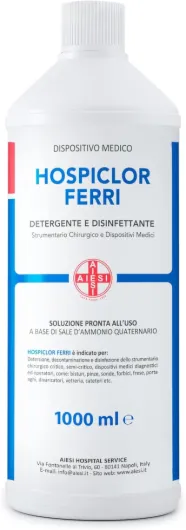 AIESI® Désinfectant prêt à l'emploi pour instruments et dispositifs médicaux à base de chlorure de benzalkonium Flacon de 1 litre HOSPICLOR FERRI