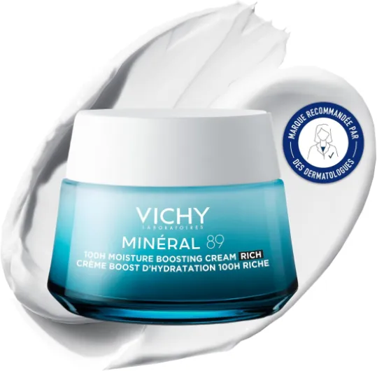 Vichy, Minéral 89, Crème Riche Boost Visage, Hydratation 72H, Enrichie en Acide Hyaluronique & Squalane, Pour Peaux Sèches, 50 ml
