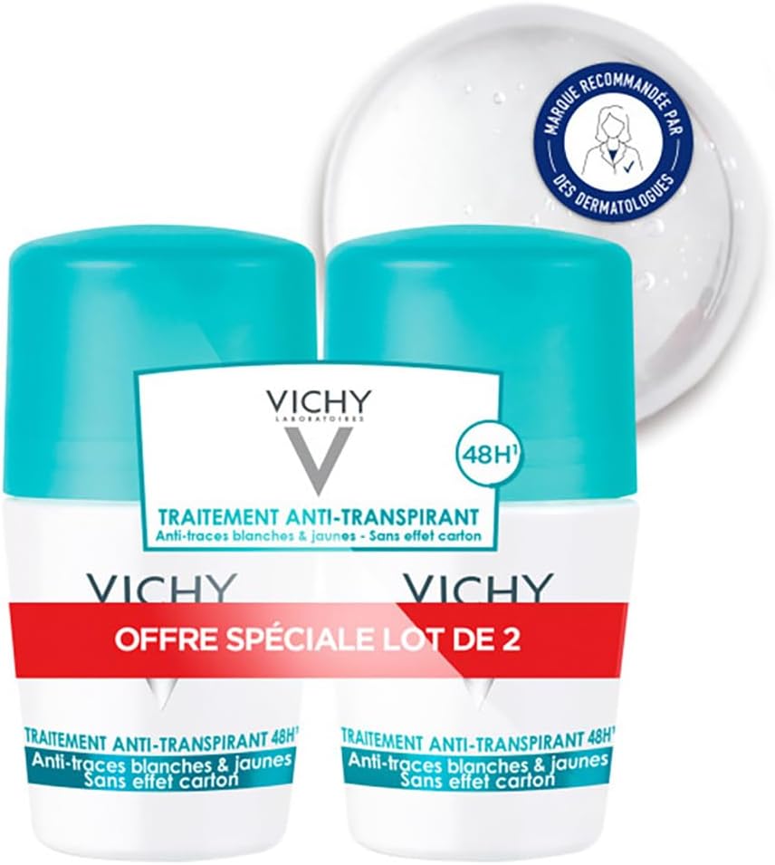 Vichy, Déodorant Anti-Transpirant 48H Roll-On, Anti-Traces Blanches & Jaunes,Transpiration intense, Sans Alcool, Adapté aux Peaux Sensibles, Lot de 2 x 50ml
