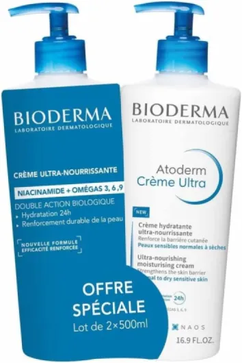 Bioderma Atoderm Crème Ultra-Nourrissant Sans Parfum Lot de 2 x 500 ml 500 ml (Lot de 2)