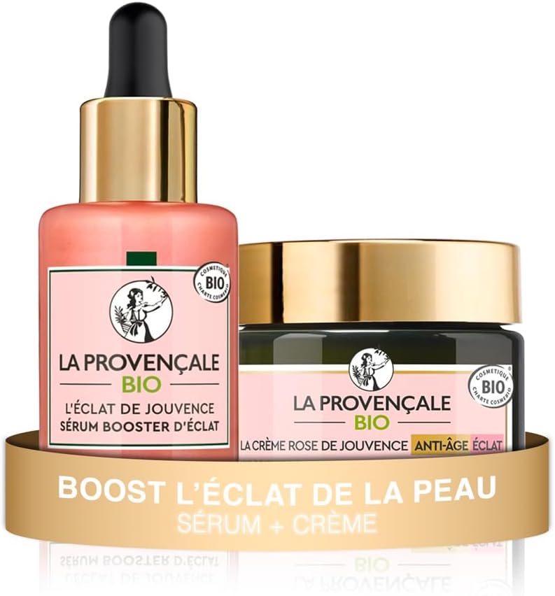 Bio - Routine Rose Peau Éclatante - Sérum L'Éclat de Jouvence + Crème Rose de Jouvence - Soin Visage Certifié Bio - Unifie, Repulpe & Réactive l'Éclat - Tous Types de Peaux